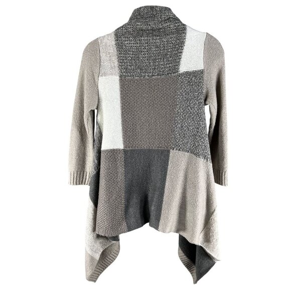 Chicos Womens M Patchwork Open Front Asym Cardigan Sweater Neutral Color Block - Picture 2 of 14